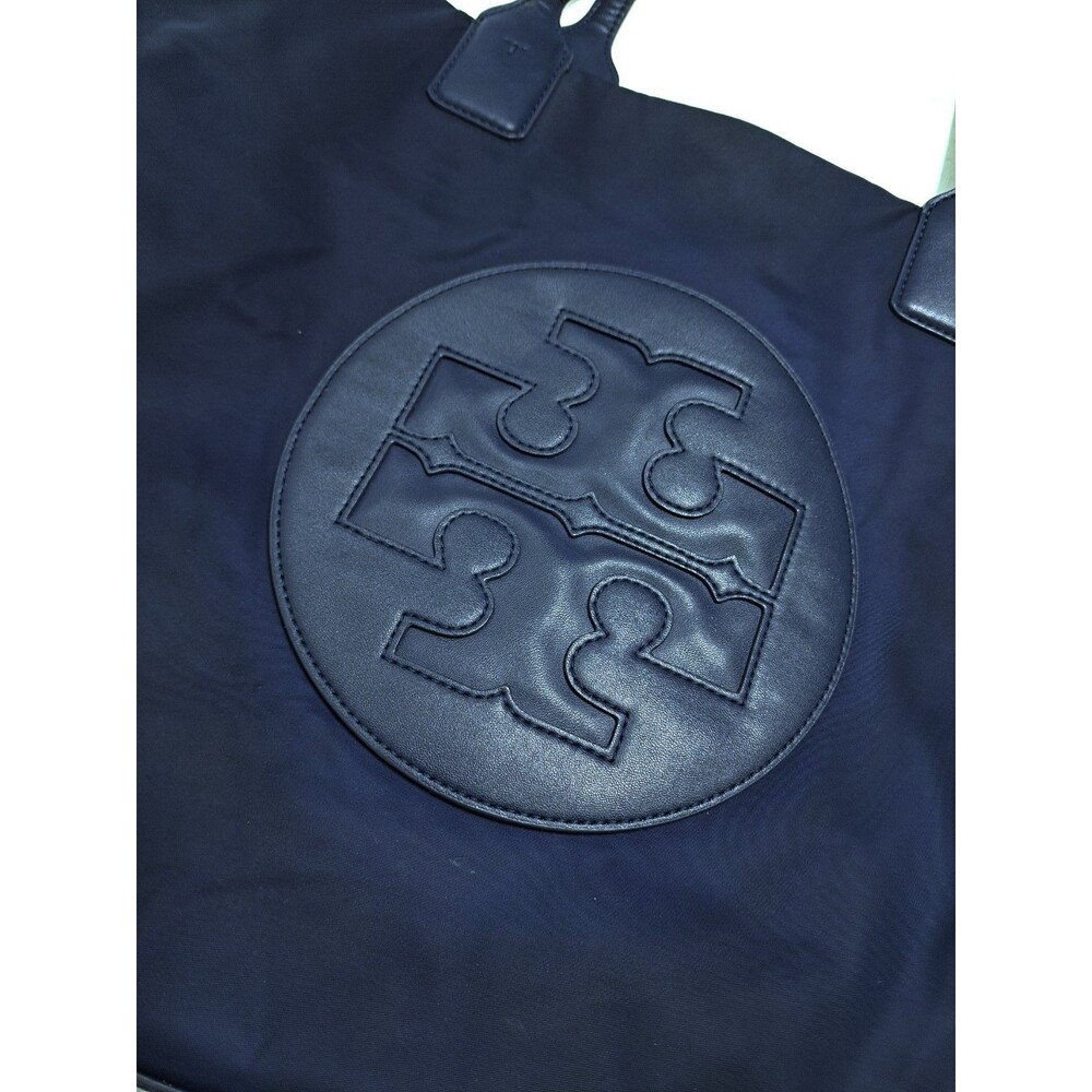 Tory Burch Ella Nylon Leather Logo Tote Bag Blue Shoulder - Picture 2 of 10